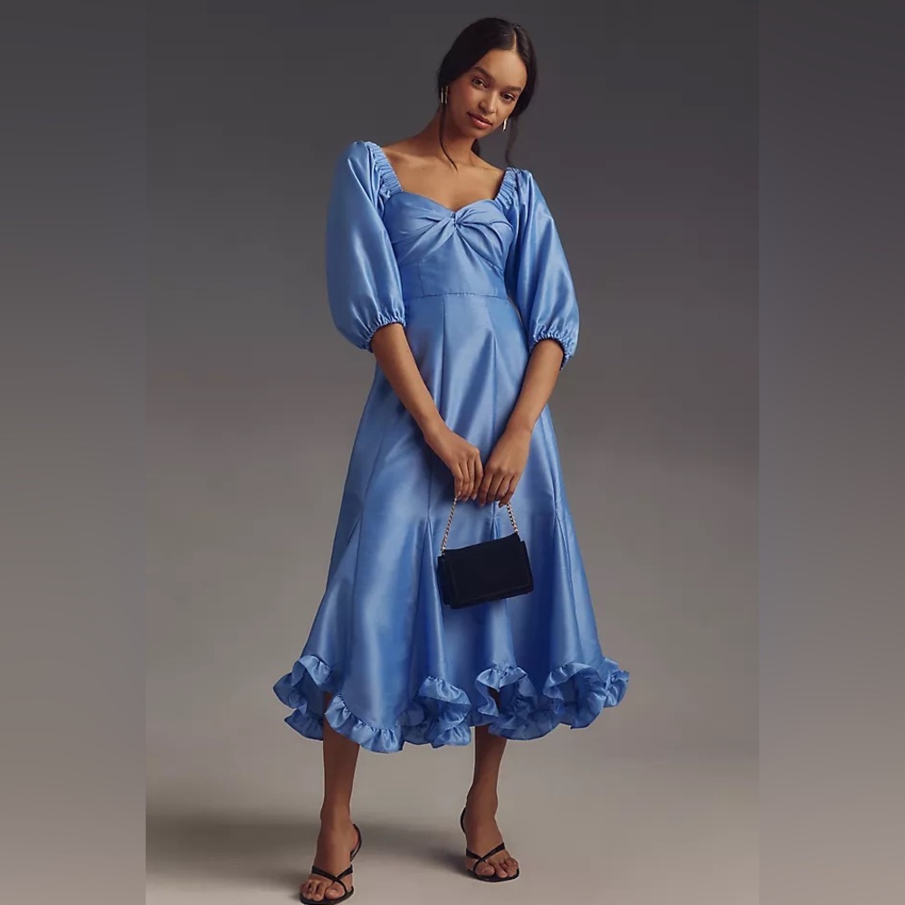 Hutch Twist-Front Puff-Sleeve Ruffle-Hem Dress